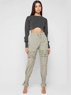 Maniere De Voir Lace-Up Cargo Joggers in Beige